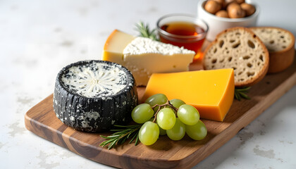Artisan cheese board with grapes, bread, and honey, perfect for a gathering