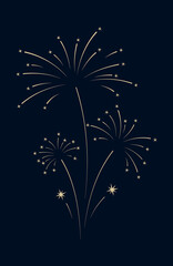 Festive fireworks on a dark background, abstract vector illustration of flashes of lights in the sky. Decorative shiny golden element for design, decoration, postcard, poster, greetings, holiday