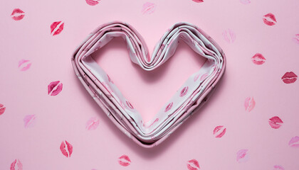 Heart shaped arrangement of kiss print ties on pastel pink background, romantic and playful flat lay for love or Valentine Day concept