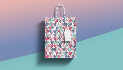 Gift bag with repeating heart pattern, blank tag, and pastel gradient background, perfect for romantic, cheerful, or festive occasions, evokes joyful and loving mood