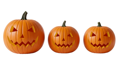 Three carved pumpkins with jack-o'-lantern faces On White