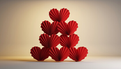 Red origami hearts stacked in pyramid shape, crafted from premium paper, display creative and romantic art style with soft gradient background, evoking warmth and affection