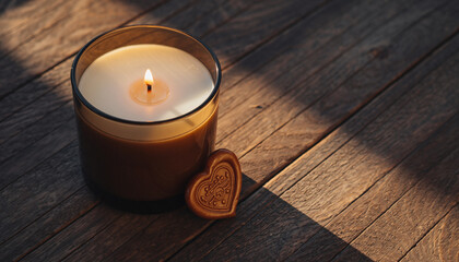 Scented candle with warm flame beside heart shaped wax seal on rustic wooden table, creating cozy romantic atmosphere with soft lighting and inviting mood