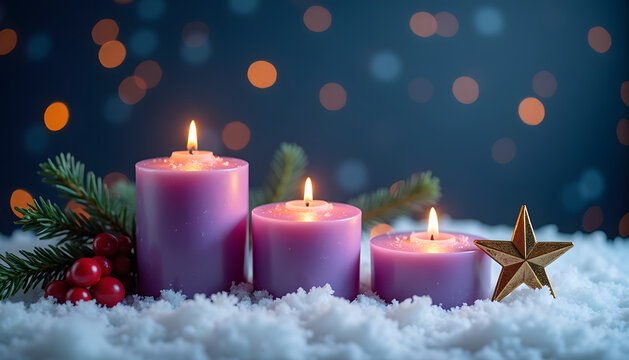 Advent candles burning in the snow with a gold star and festive decorations