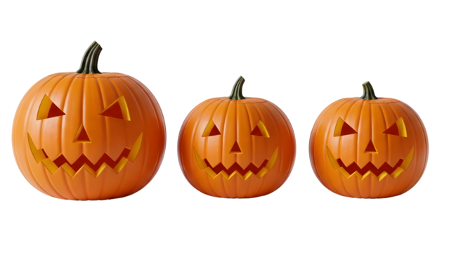 Three carved pumpkins with jack-o'-lantern faces On White