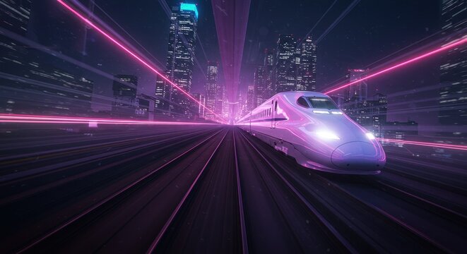 High speed train travels through futuristic city at night - Powered by Adobe