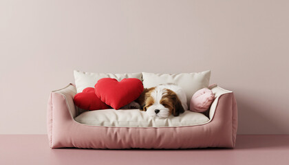 Cozy pet bed with heart shaped pillow, pastel pink background, warm lighting, small dog sleeping, valentine theme, soft fabric, cute and peaceful mood