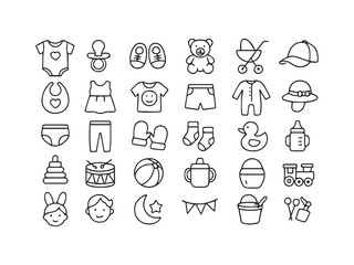Baby Clothes, Toys, and Accessories Line Icons Set - Newborn, Pacifier, Stroller, and Childhood Vector