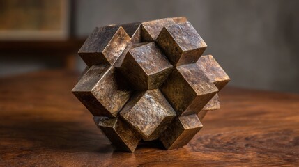 Abstract geometric sculpture on polished wood surface