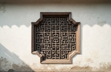 Intricate wooden lattice window in traditional Chinese style set in white plastered wall. Natural light casts shadows on surface. Architectural detail of old Asian building.