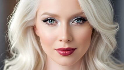 Fototapeta premium Serene Portrait of a Blonde Beauty: A close-up shot of a stunning woman with flowing blonde hair, captivating blue eyes, and delicate features evokes a sense of tranquility and poise.