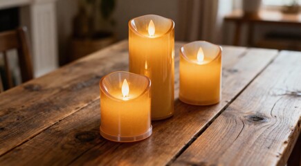 Decorative LED candles on wooden table at home  closeup