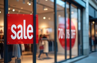 A retail store window displays big red sale signs. The discount is 70 off. Shoppers walk past storefront. Great photo for advertising a clearance event.