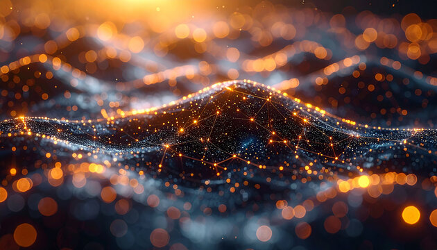 Digital Landscape: Abstract depiction of a digital landscape. Illuminated points and connecting lines. The composition exudes a sense of interconnectedness, dynamism.