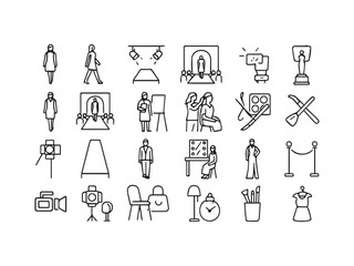 Fashion Show, Modeling, and Beauty Industry Line Icons Set - Ramp Walk, Design, Photography, and Style Vector
