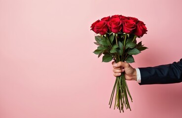 Man hand holds red roses bouquet on pink backdrop. Gesture giving flowers present as romantic gesture. Person offers floral gift for celebration or surprise.