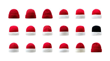 Red knit hat white trim winter accessory festive cozy warm Christmas holiday wool collection isolated set seasonal fashion headwear unisex soft fluffy traditional cheerful playful December cold