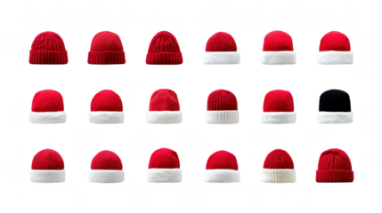 Red knit hat white trim winter accessory festive cozy warm Christmas holiday wool collection isolated set seasonal fashion headwear unisex soft fluffy traditional cheerful playful December cold