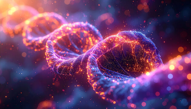 DNA Strand: Illuminated strands of DNA, a symbol of life's fundamental blueprint, shimmer with radiant light against a cosmic backdrop.