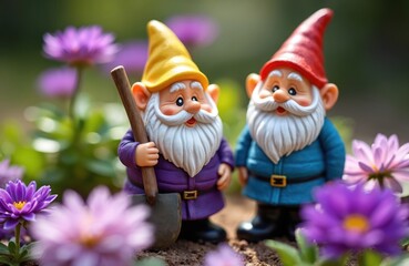 Obraz premium Two garden gnomes stand among purple flowers. One gnome holds a shovel ready for planting. They are cute decorative figures for outdoor yards and gardens.