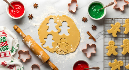 Festive Gingerbread Cookie: A delightful scene of holiday baking with a top-down view shows the making of gingerbread cookies, a rolling pin, cookie cutters, sprinkles, and icing.