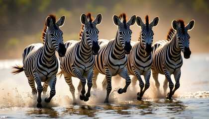 Fototapeta premium Zebras running through water at sunset, wildlife in Africa
