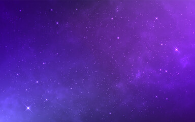 Nebula background. Glowing starry cosmos. Purple space texture. Magic stardust galaxy. Outer space wallpaper. Realistic cosmic clouds with bright stars. Infinity color universe. Vector illustration.