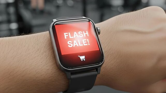 Smartwatch Displaying Flash Sale Notification on Male Wrist in Modern Retail Environment, Highlighting Time-Sensitive Shopping Opportunity