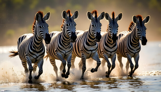 Zebras running through water at sunset, wildlife in Africa