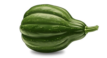 Illustration of a single green acorn squash, with a stem and white background
