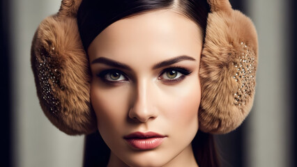 Elegance in the Cold: A sophisticated model dons elegant earmuffs. a striking gaze and immaculate makeup showcase both her beauty and the stylish accessory.