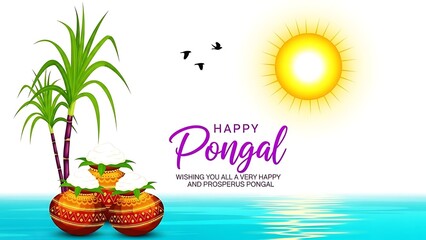 Happy Pongal greeting card with sugarcane, cooking pots, and bright sun illustration