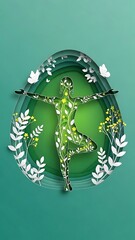 Paper Cutout of Woman in Tree Pose Embodied by Green Foliage and Flowers for Wellness Concept