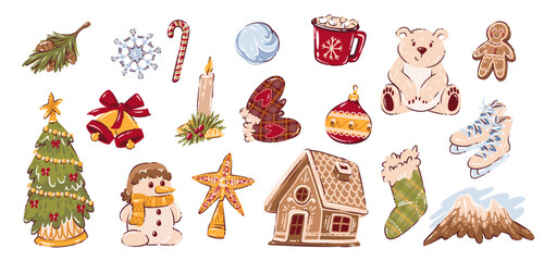 Cozy Christmas doodle set with decorated tree, candle, cocoa cup, mittens, skates, and gingerbread cookie. Warm winter holiday mood for greeting cards, prints, and vector illustration design.