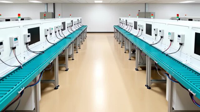 Two clean, parallel conveyor belts inside a modern automated manufacturing or quality control facility