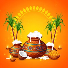 Vibrant Pongal Celebration Illustration with Overflowing Pot, Sugarcane, Coconut, and Diyas