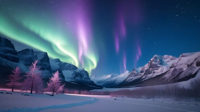 Stunning aurora borealis dances over snowy mountains - Powered by Adobe