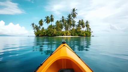 Aerial view of a yellow kayak in clear blue waters with reflections of palm trees and skyyellow kayak on calm water with blue sky and reflection of trees in water.