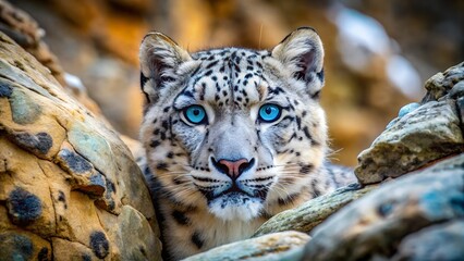 Obraz premium Snow leopard portrait intense blue eyes staring from rocky outcrop