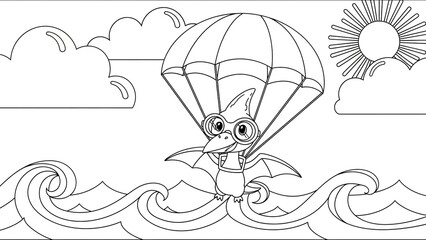 Whimsical cartoon seagull with parasol floating above stylized ocean waves and