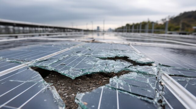 Damaged solar panels show energy waste and destruction