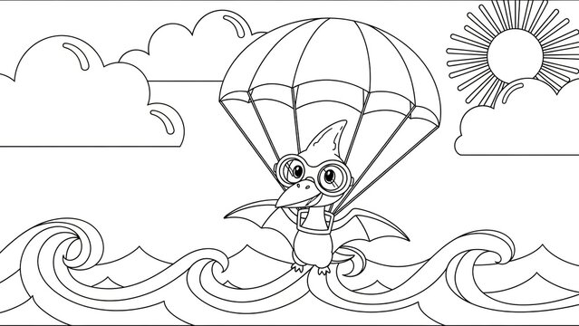 Whimsical cartoon seagull with parasol floating above stylized ocean waves and