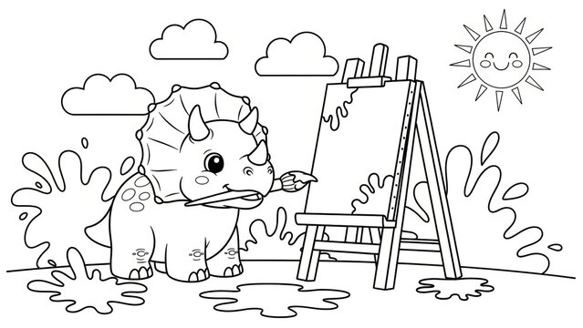 Cute cartoon dinosaur artist painting outdoors on sunny day with playful