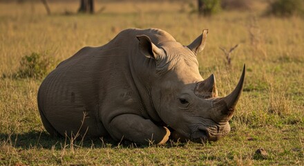 Obraz premium Resting rhinoceros in natural habitat animal portrait wildlife photography