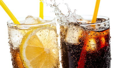 Two refreshing soda drinks with ice and straws splashing isolated on transparent background