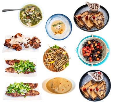 set of various Georgian dishes cutout on white