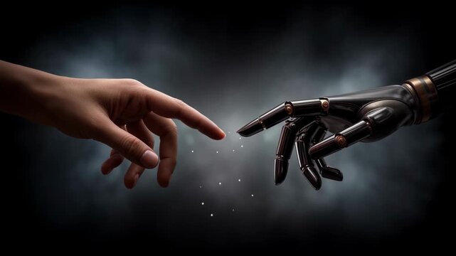 Human hand touches robotic hand in a symbolic moment of connection between man and technology
