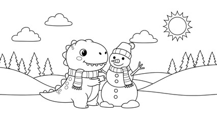 Charming winter scene featuring a friendly dinosaur and snowman in a snowy