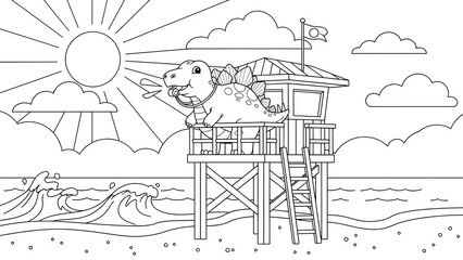 Coloring page illustration of a whimsical dinosaur standing on a lifeguard
