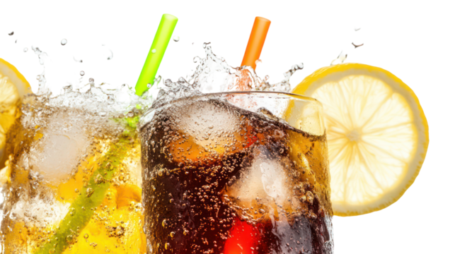Refreshing cola and citrus drinks with ice and straws isolated on transparent background